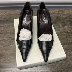 Via Spiga Black Pointed Leather 3” Heels Pumps NWB